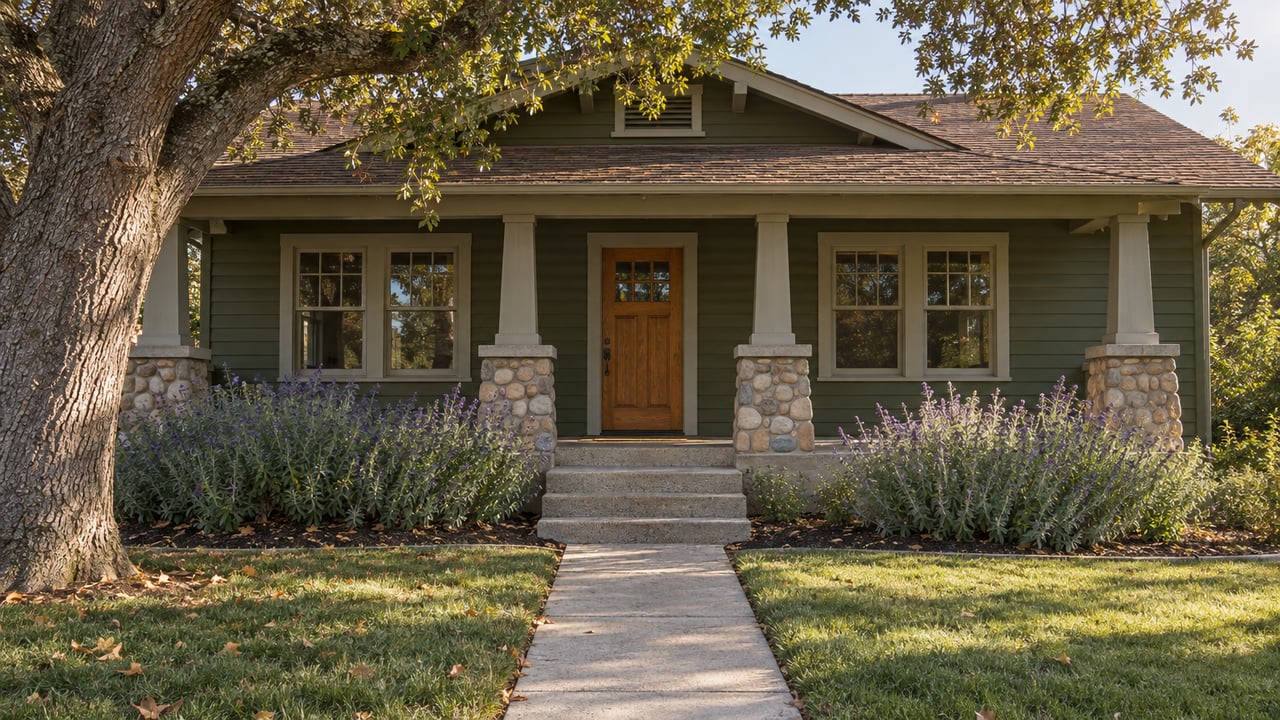 Olive-sided bungalow with a wood door, stone porch piers, garden path, lawn, and oak tree.