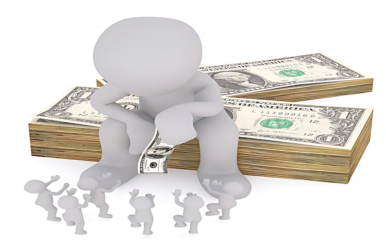 A large seated figure on stacks of dollar bills towers over several smaller figures.