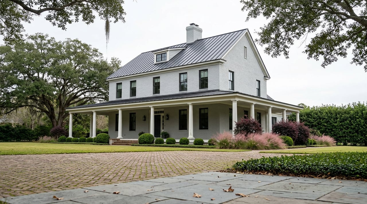 Two-story gray brick estate with a deep white-columned porch, herringbone motor court, and mature live oak.