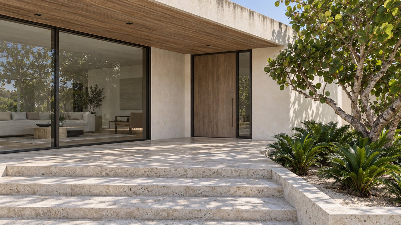 Contemporary home's shaded teak entry, bronze-framed glass, and limestone steps beside a sculptural sea grape tree.