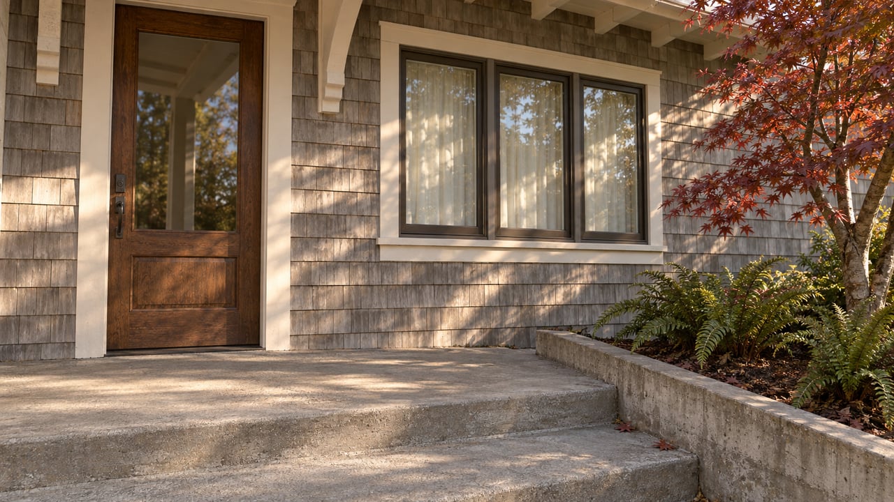 Sunlit shingle-house entry with an oak door, grouped windows, worn concrete porch steps, and copper-red maple leaves beside a retained planting bed.