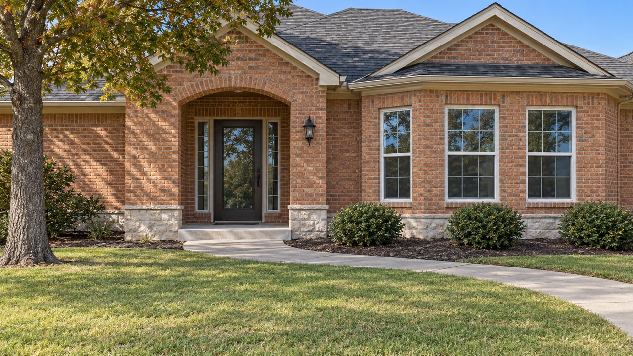 A warm brick home with an arched recessed entry, white-trimmed windows and a curved concrete walk across a broad lawn.