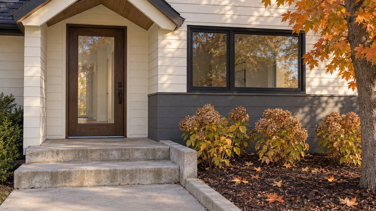 A sheltered cream-sided home entrance with an oak-framed glass door, concrete steps and autumn hydrangeas beside a maple branch.