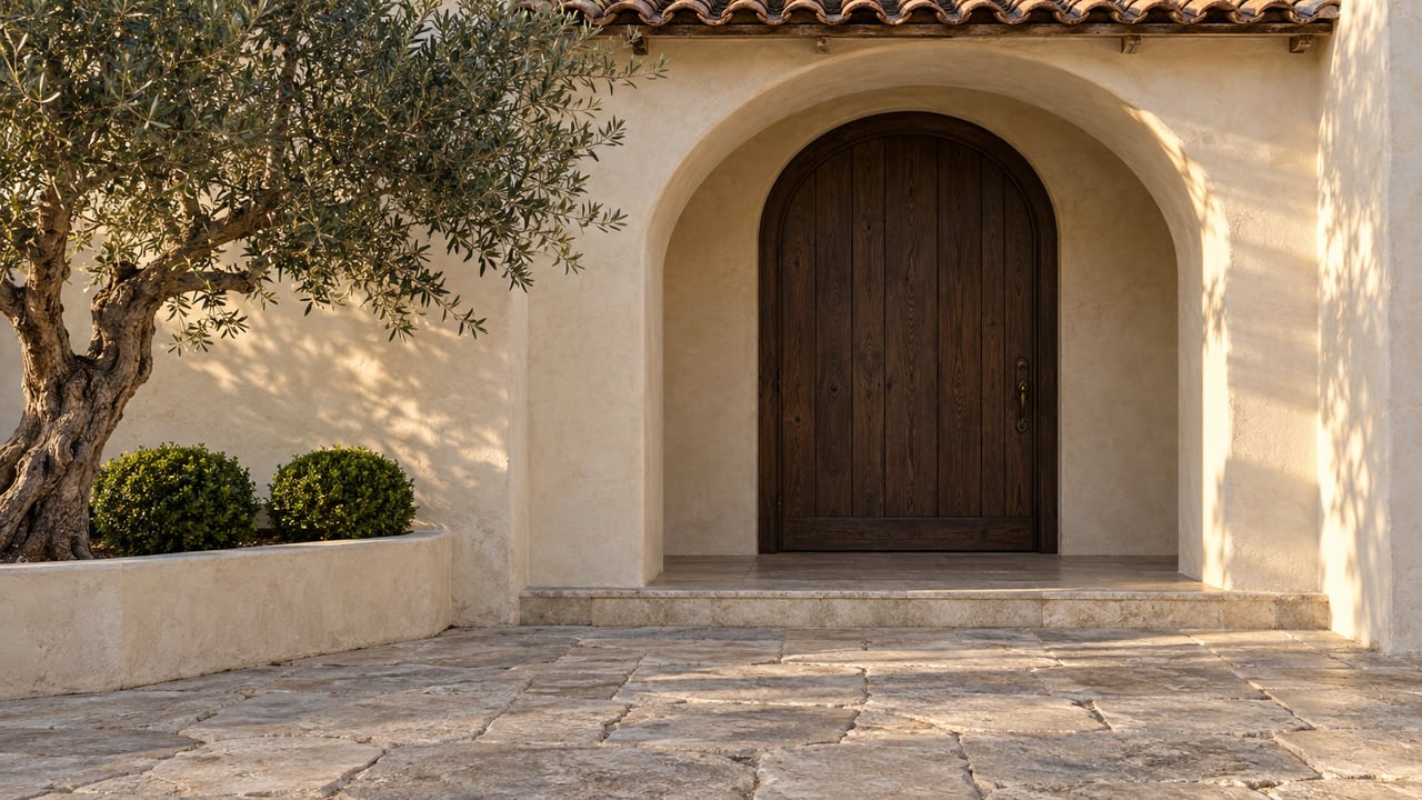 Mediterranean estate entry with a dark oak door beneath a broad stucco arch, olive tree, and limestone paving.