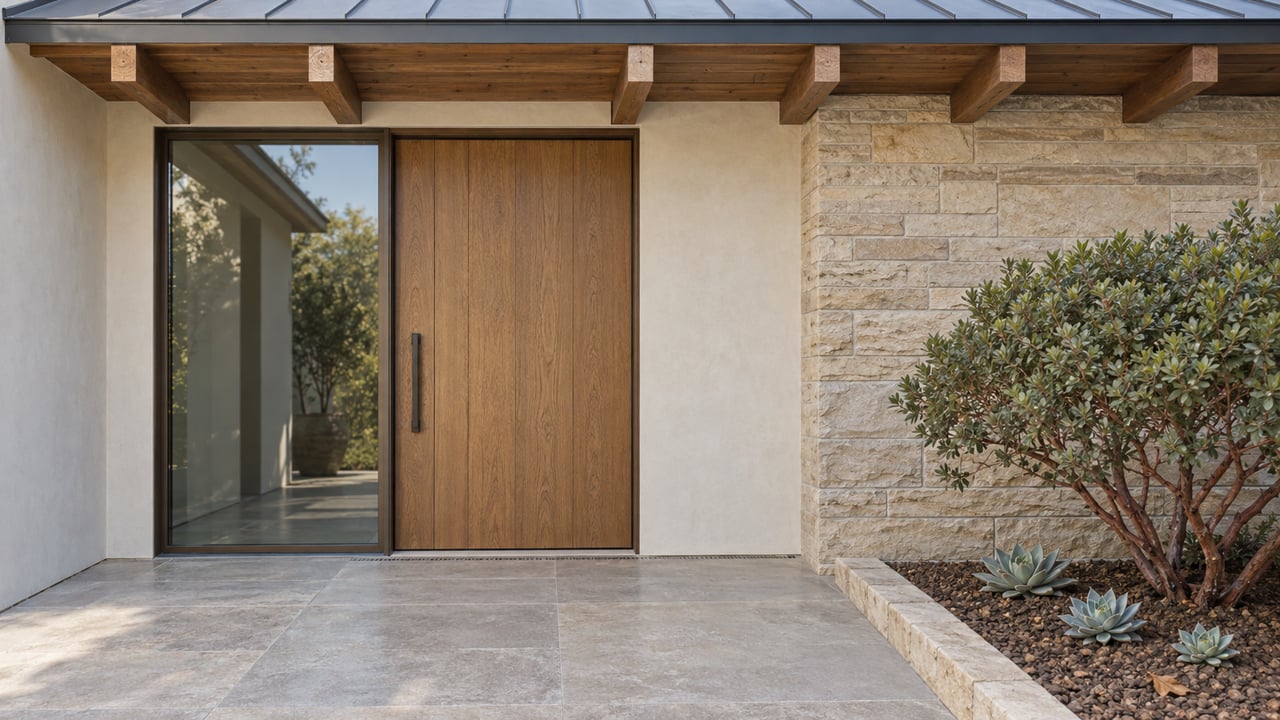 Timber-eaved home entrance with an oak door, bronze-framed glass, sandstone wall and limestone landing beside a sculptural manzanita.