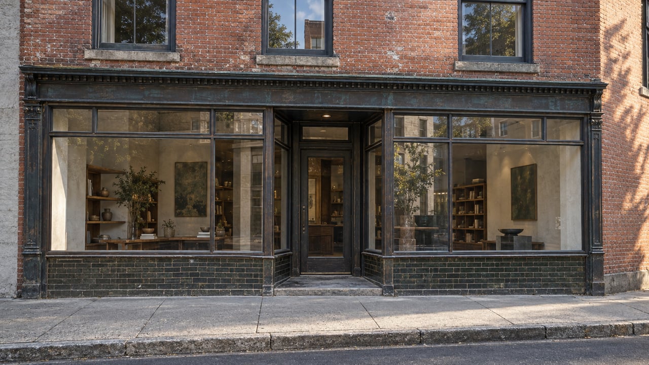Two-story red-brick storefront with three upper sash windows, bronze-framed display windows, and a recessed entrance.
