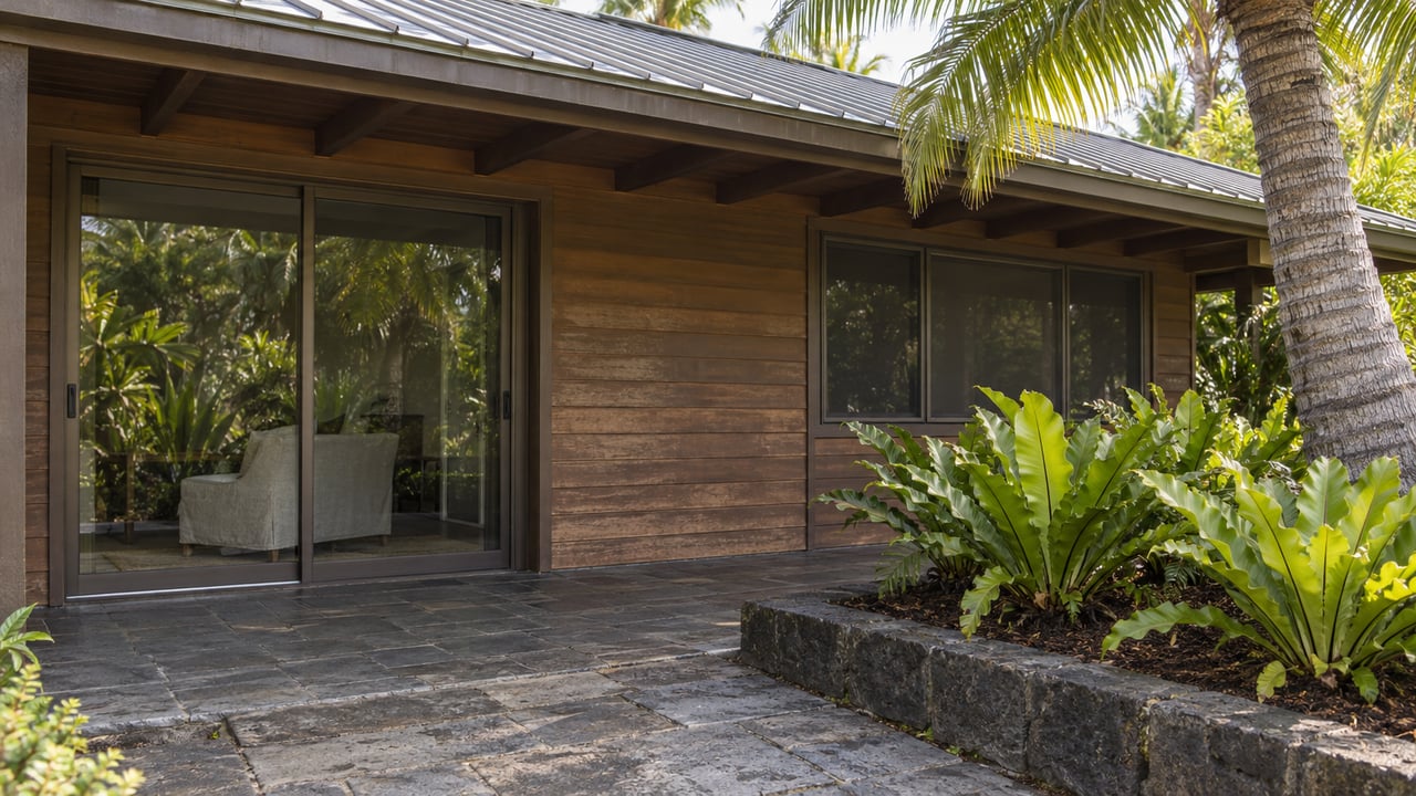 Low timber-sided home with a shaded glazed entry, weathered basalt paving, and a coconut palm above bird's-nest ferns.