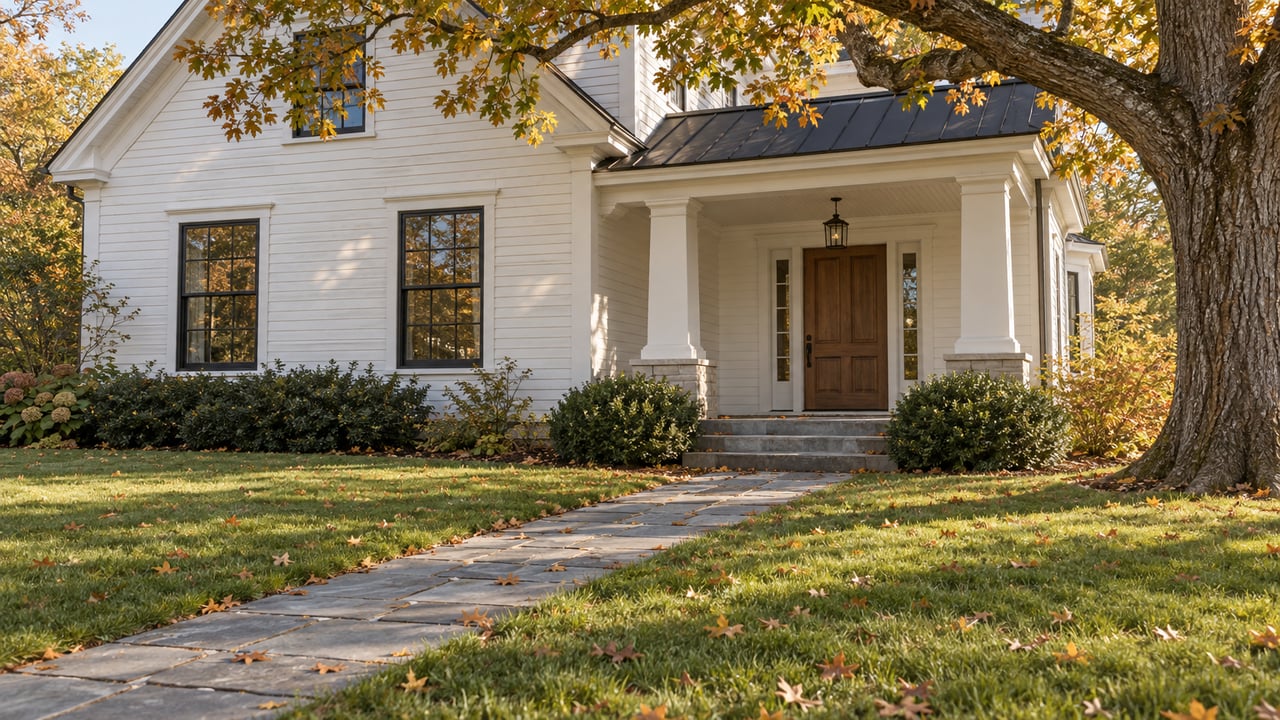 White clapboard farmhouse beneath an amber-leaved oak, with a bluestone path crossing lawn to its porch.