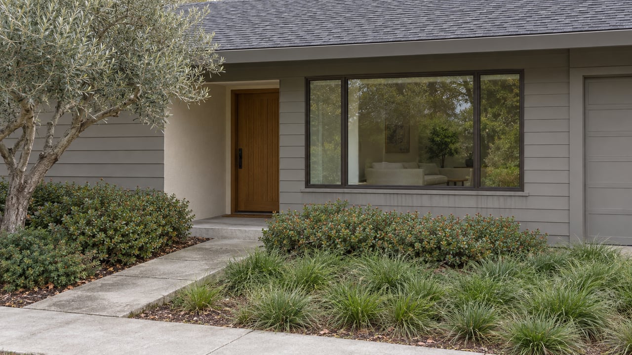 Single-story gray house with a cream entry, oak door, broad windows, and a planted garden with an olive tree.