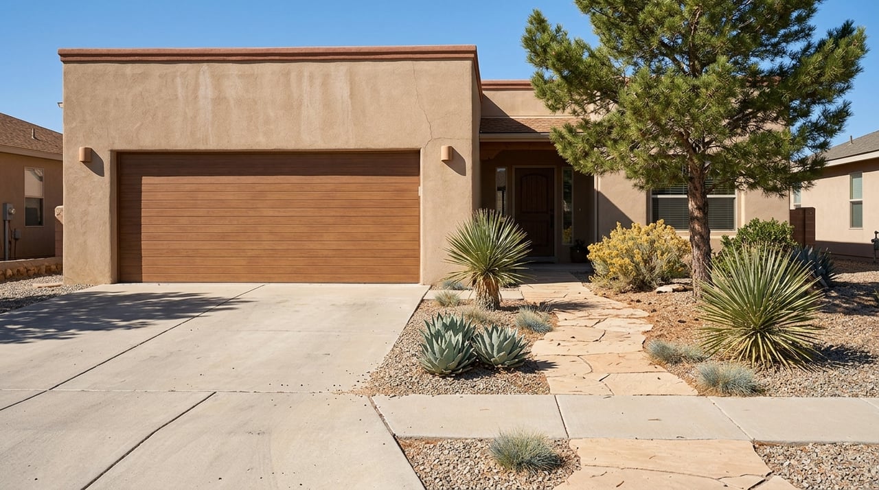 Tan stucco home with a brown garage door, sandstone walkway, and drought-tolerant garden.