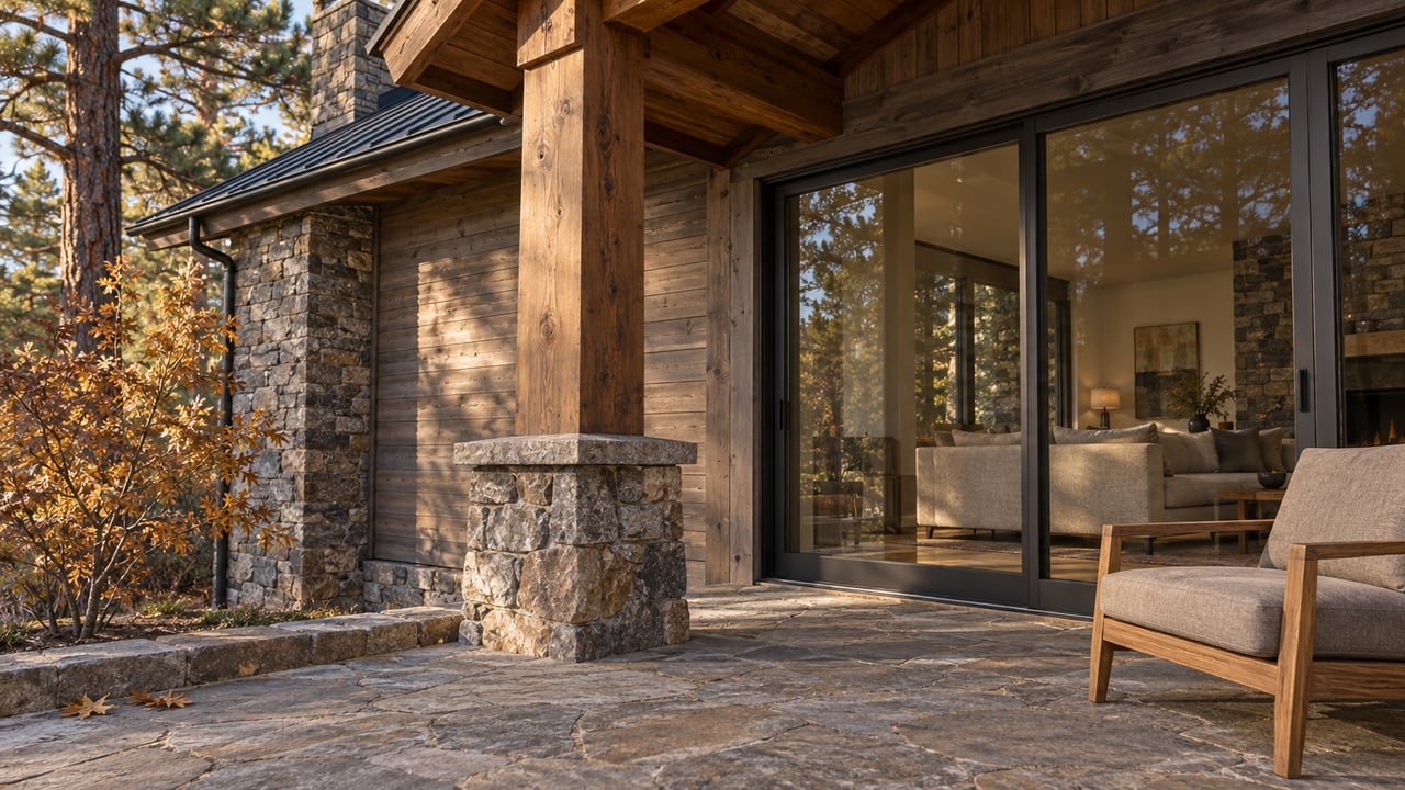 Sunlit cedar and stone home terrace with heavy timber supports, enclosed glass doors, and bronze autumn oak leaves.