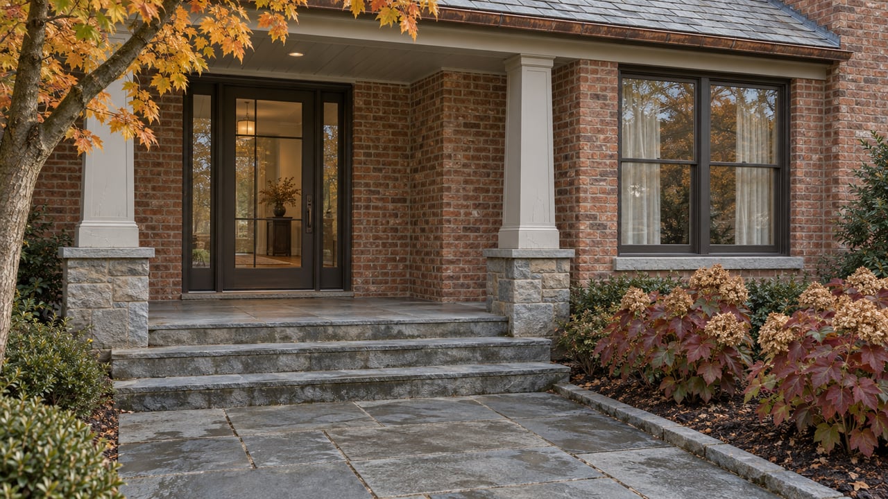 Brick home entry with bronze-framed glazing, bluestone steps, a slate porch canopy and gold and burgundy autumn foliage.