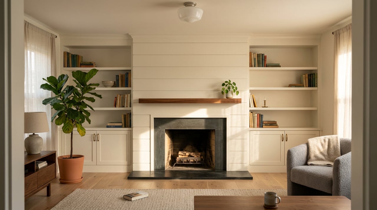 Living room fireplace with a walnut mantel, flanking bookcases, and late sunlight across an oatmeal rug.