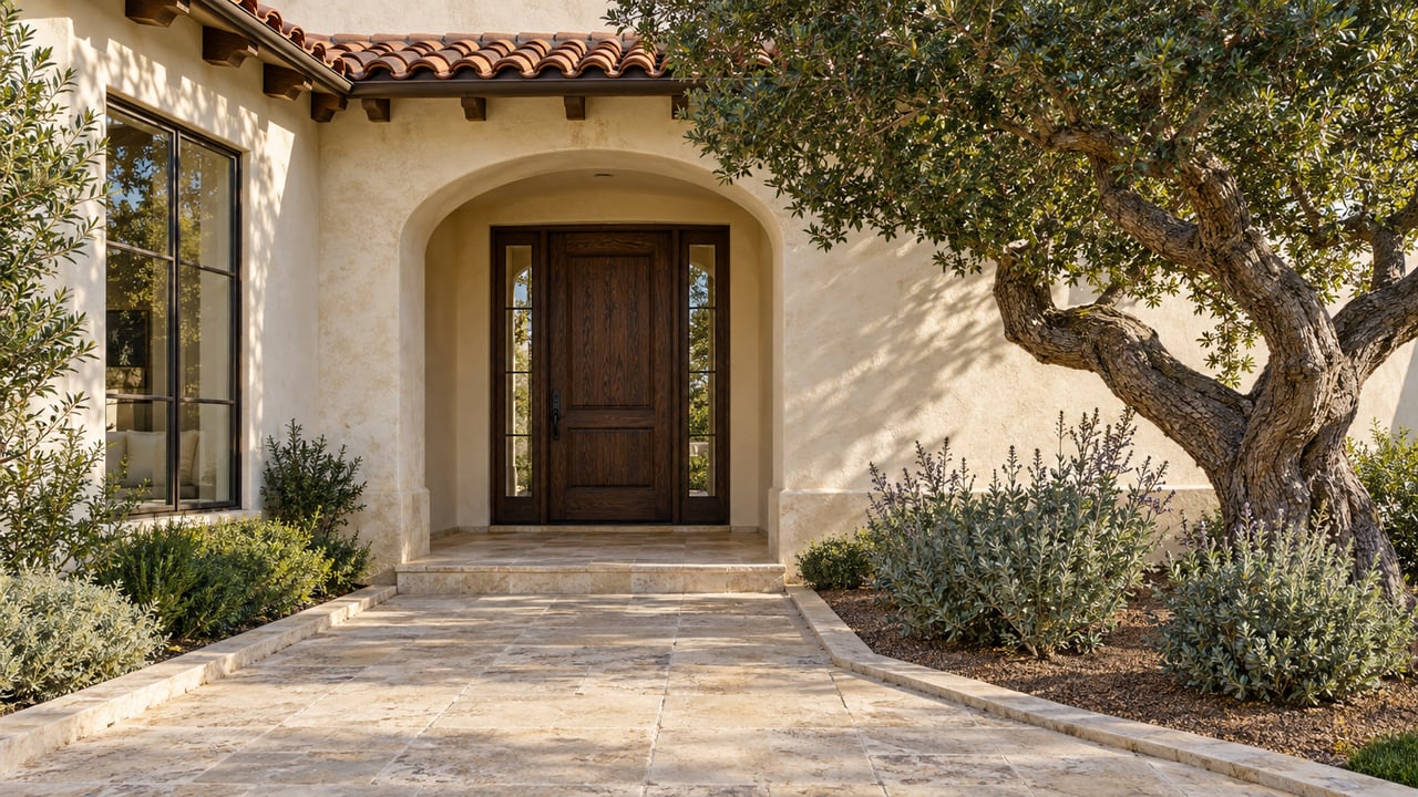 Warm stucco home entry with a terracotta roof, recessed oak door, limestone approach and a mature oak beside silver-green sage.