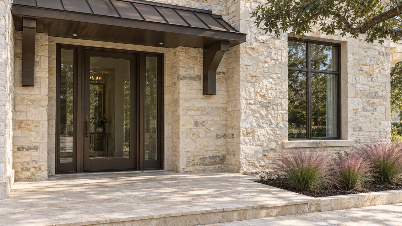 Limestone home entry with bronze-framed glass doors, a dark metal canopy, and pink muhly grass beside a stone approach.