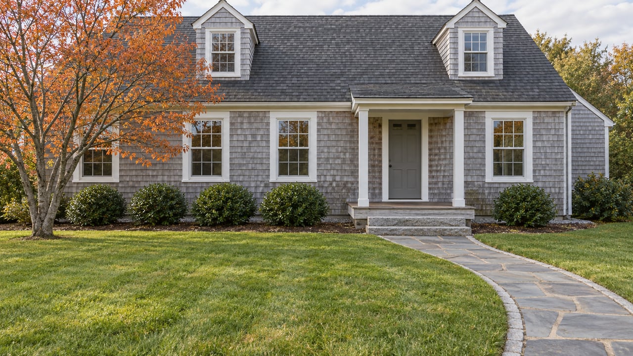 Weathered cedar-shingle home with white-trimmed windows, a deep autumn lawn, and a bluestone walk leading to a small porch.
