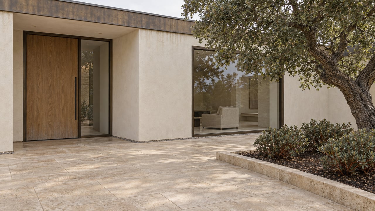 Pale stucco home with a closed oak entry door, bronze-framed glazing and a limestone terrace beside a mature oak.