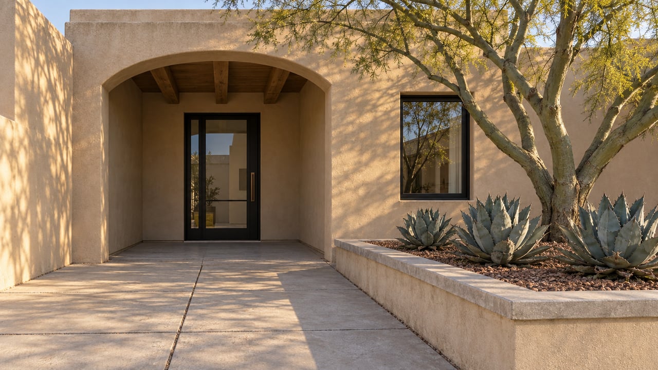 Sand-colored stucco residence with an arched entry, black-framed glazing, blue-green branching tree and three sculptural agaves beside a concrete approach.