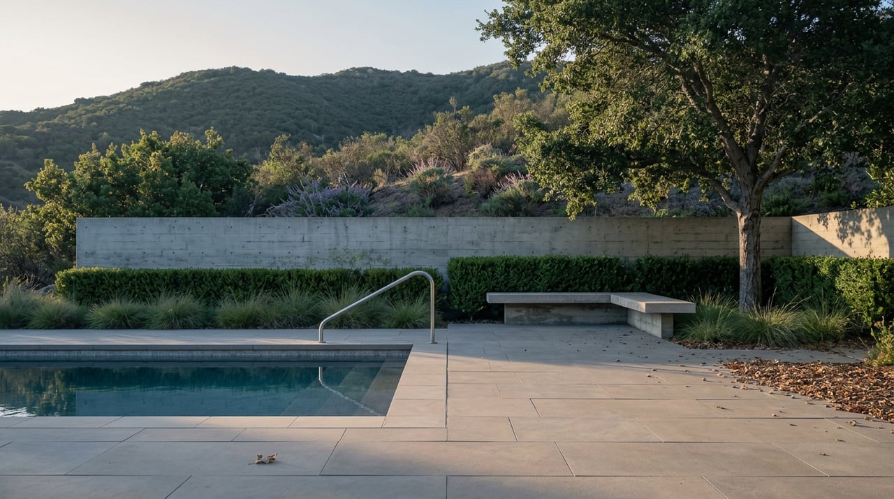 Infinity-edge pool and stone patio overlook a chaparral hillside beneath a broad oak canopy.