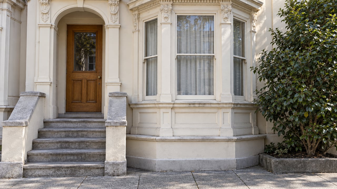 Ivory stucco home with a timber entrance, stone steps and painted bay windows beside a mature camellia.