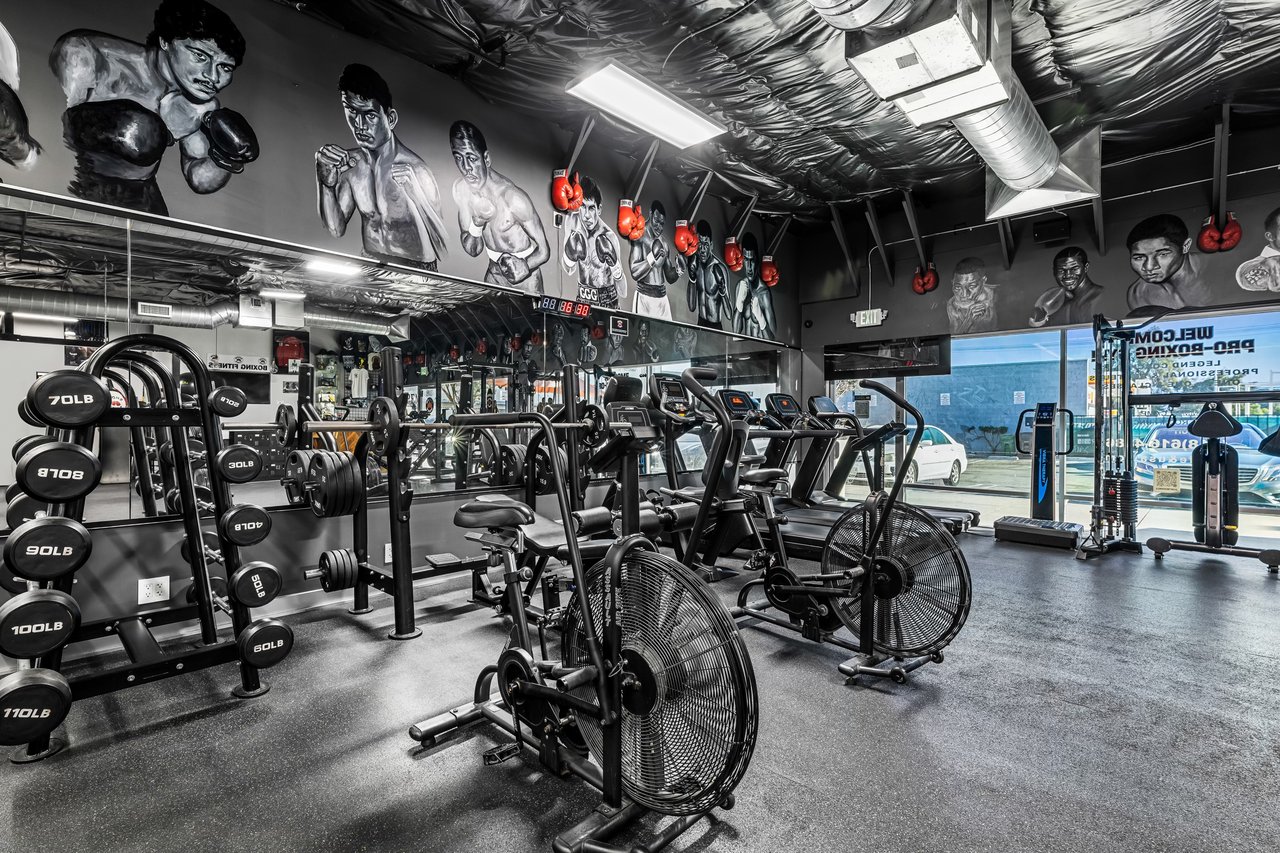 Interior of Showtime Boxing Fitness in Lake Balboa featuring boxing murals, cardio machines, weight racks, and training equipment inside a modern San Fernando Valley boxing gym