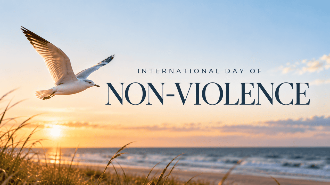 International Day of Non-Violence graphic over a sunset beach with a flying seagull.