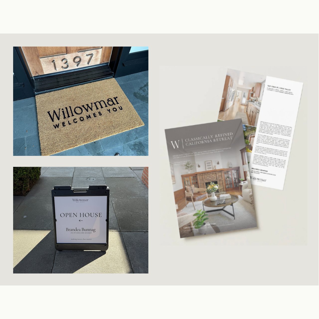 Willowmar Real Estate welcome mat, open house sign, and brochures featuring home interiors.
