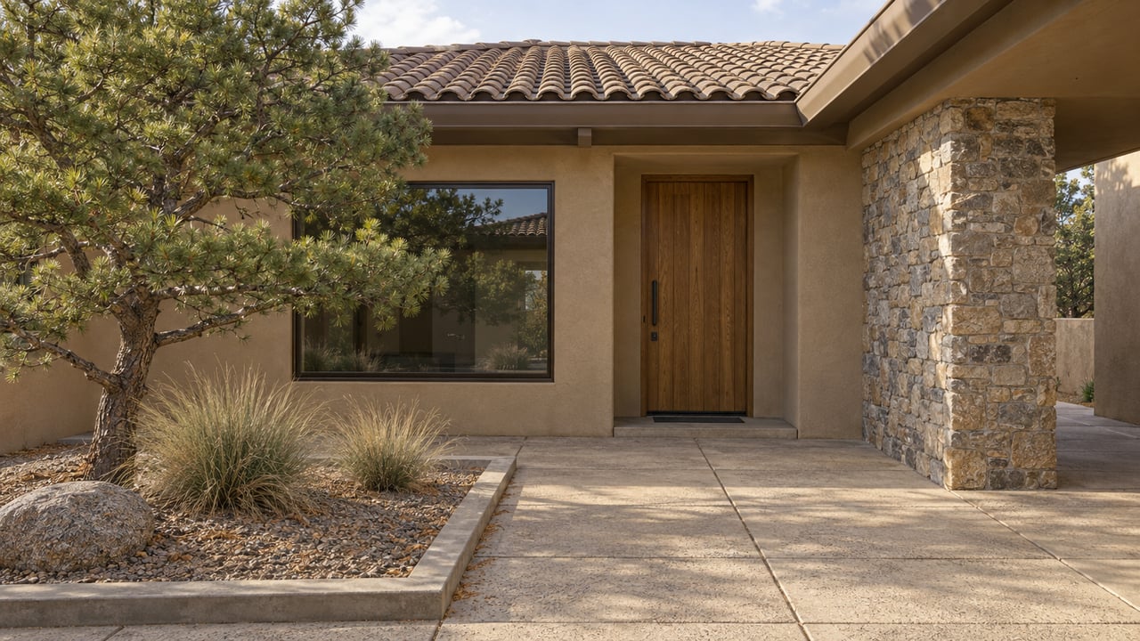 Warm stucco home with a tiled roof, oak entry door and stone pier facing a paved courtyard with a sculptural pinyon pine and deergrass.