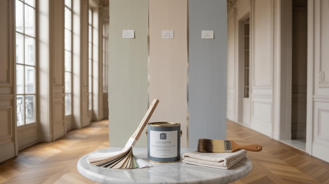 Three muted paint swatches stand behind a paint can, fan of color samples, brush, and folded cloth on a marble table.