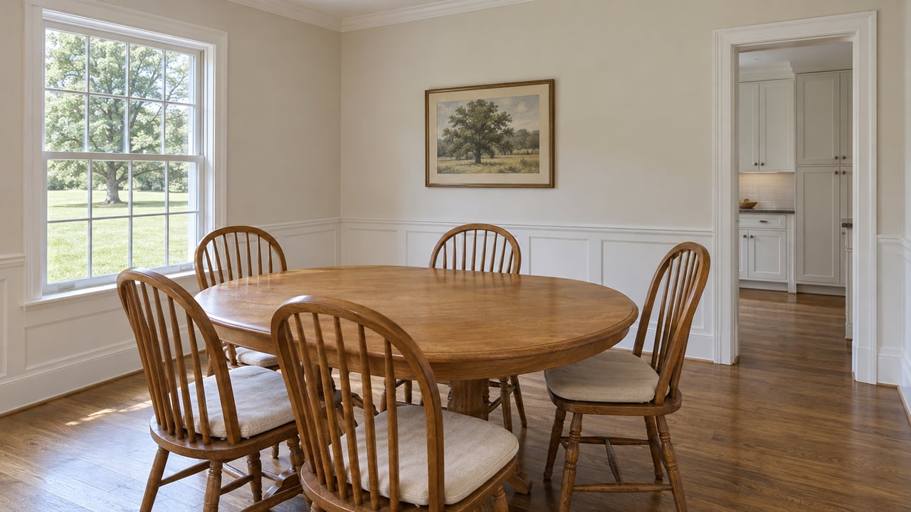 Oak dining table and spindle-back chairs beside a sash window overlooking a lawn and mature tree.