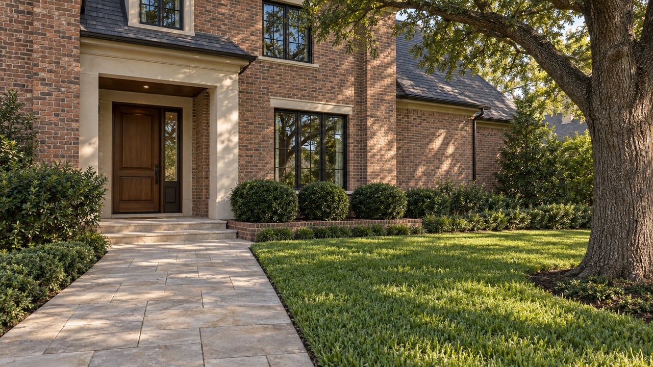 Brick two-story home with a recessed oak entry, limestone steps, angled paver walk, lawn, and mature tree.