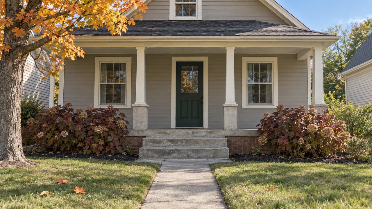 Compact gray-sided cottage with a covered porch, autumn maple foliage and oakleaf hydrangeas beside a shallow front lawn.