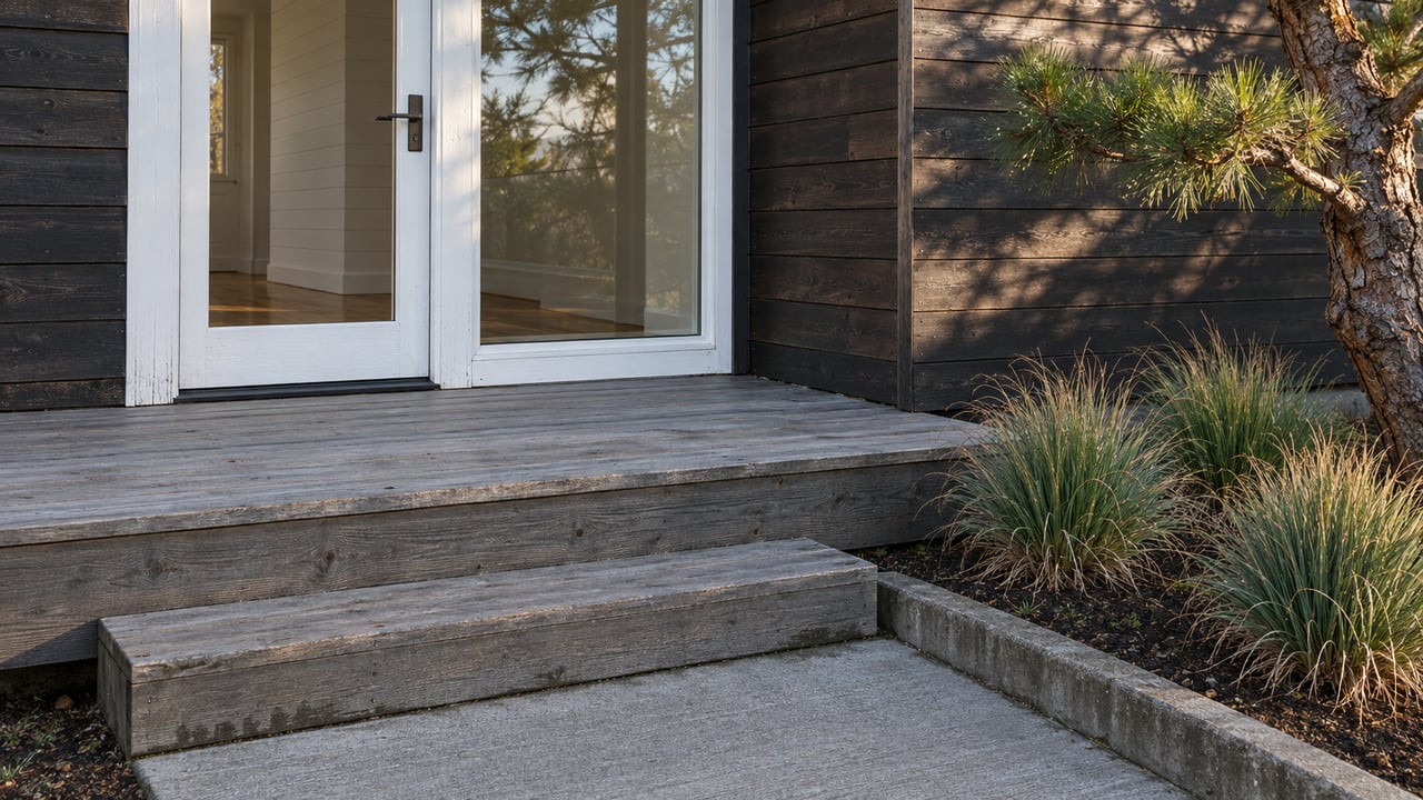 Close view of a dark cedar home's glazed entry, weathered gray deck and broad step beside a pine and red fescue planting.