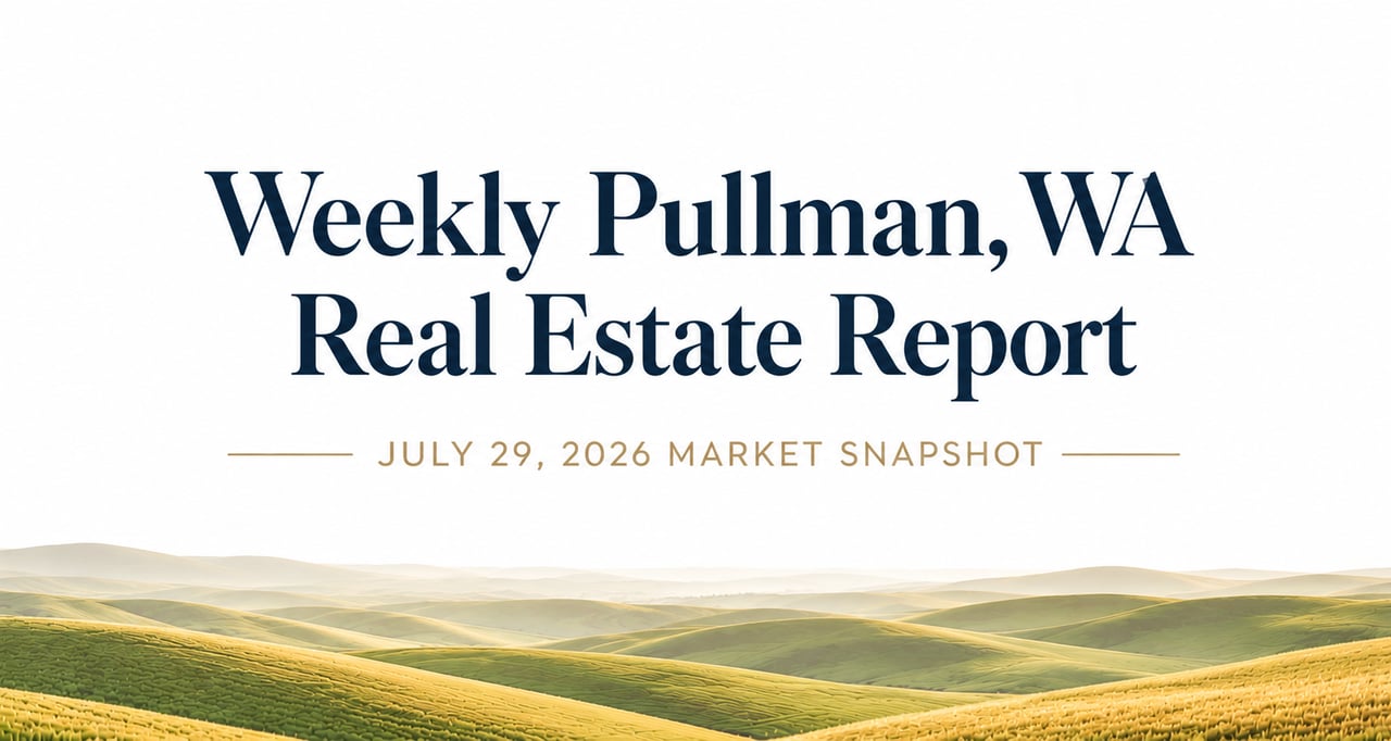 Professional blog header for Jordan Vorderbrueggen's July 29, 2026 weekly Pullman, WA real estate market report featuring Palouse hills and current housing market activity.