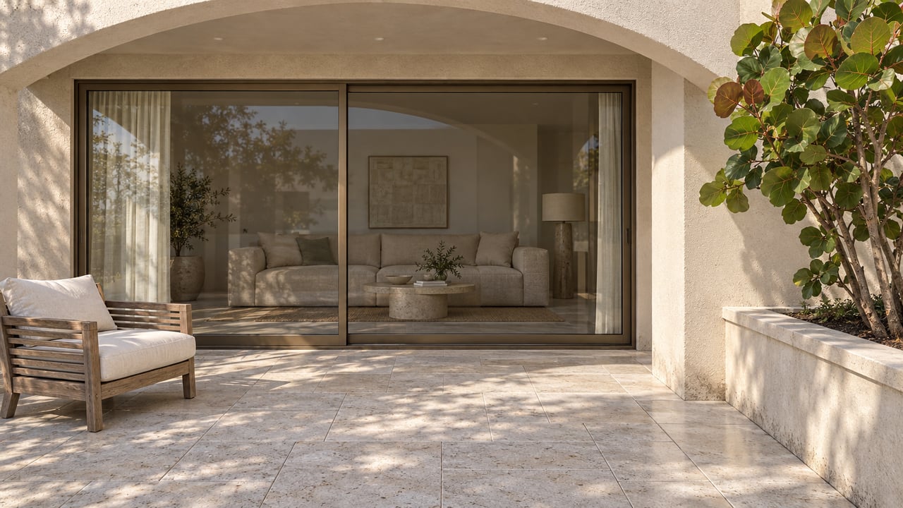 Sunlit apartment terrace with an ivory stucco arch, bronze-framed glass doors, teak lounge chair and a sculptural sea grape tree in a raised planter.