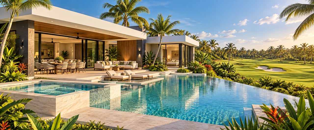 Modern tropical home with a large pool, palm trees, and a golf course beyond.