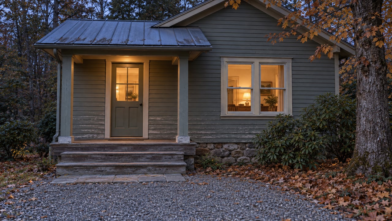 Weathered wood cottage with a metal porch roof, warm enclosed windows, and stone steps beside a copper-leaved maple.