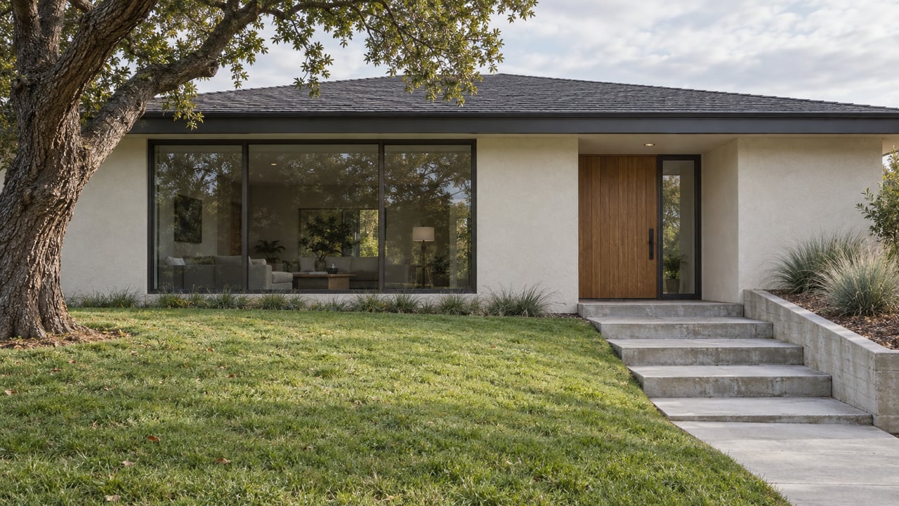 Updated low-roof house with bronze-framed glazing, oak entry, sloping lawn and a mature oak beside concrete entry steps.
