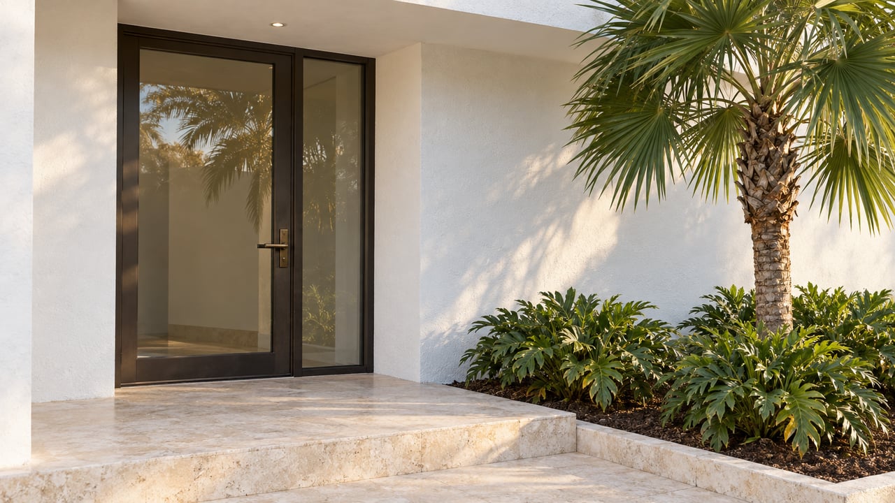 White stucco home entrance with bronze-framed glass, a limestone landing and a sculptural fan palm in warm afternoon light.