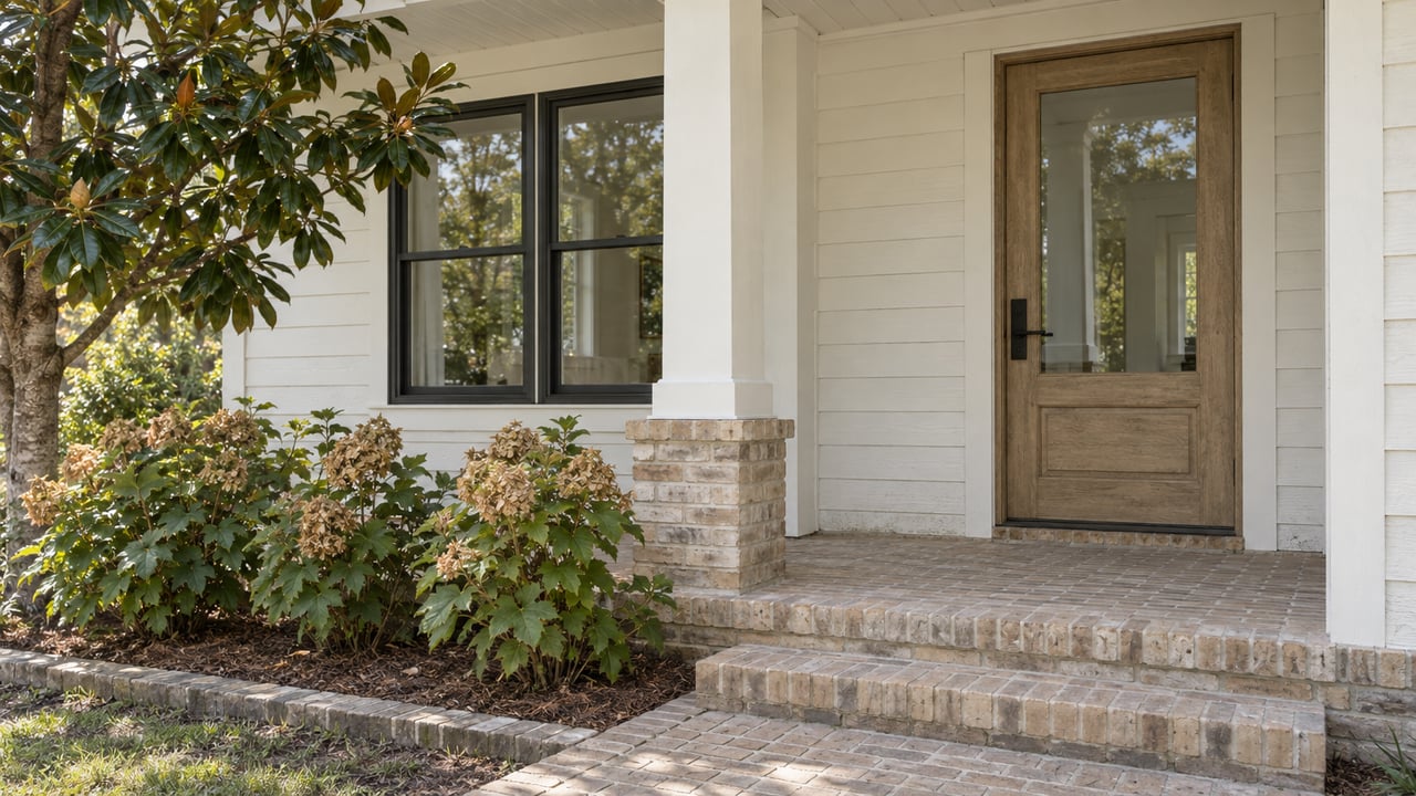 Home’s front porch with a wood-and-glass door, brick steps, black-framed windows, and landscaped shrubs.