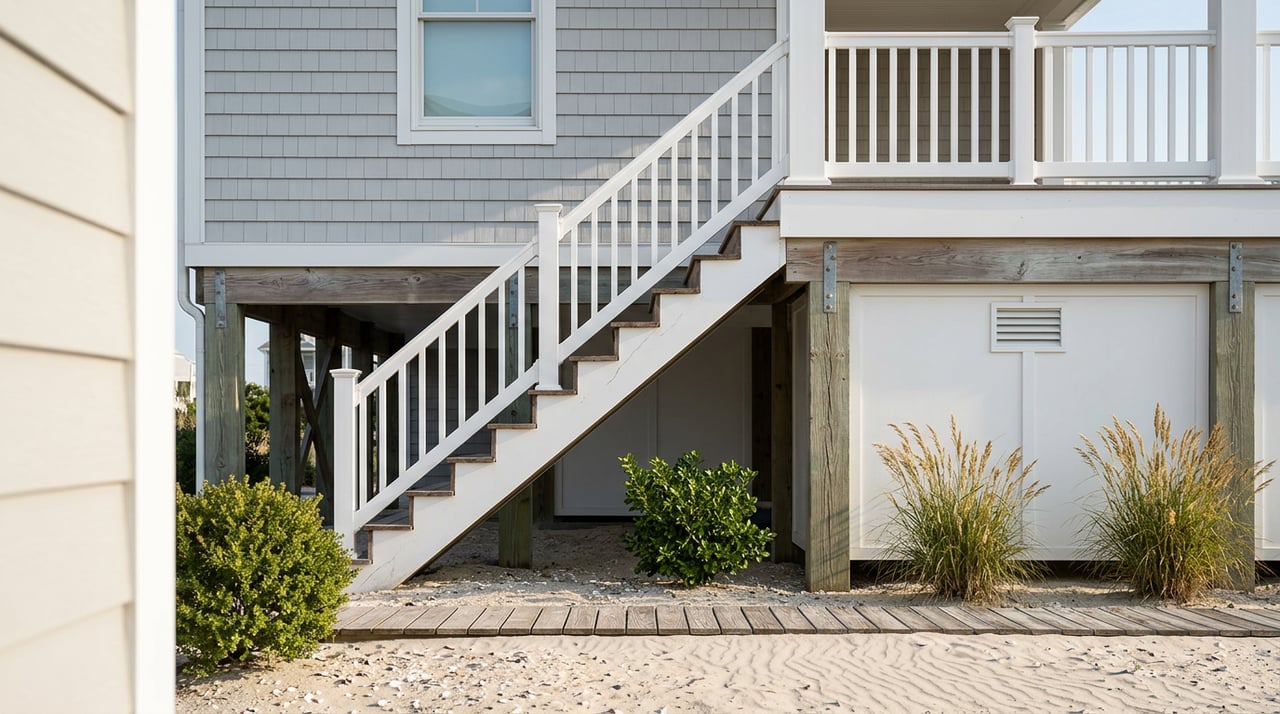 Elevated coastal home’s porch stairs and landing supported by flood-ready pilings.
