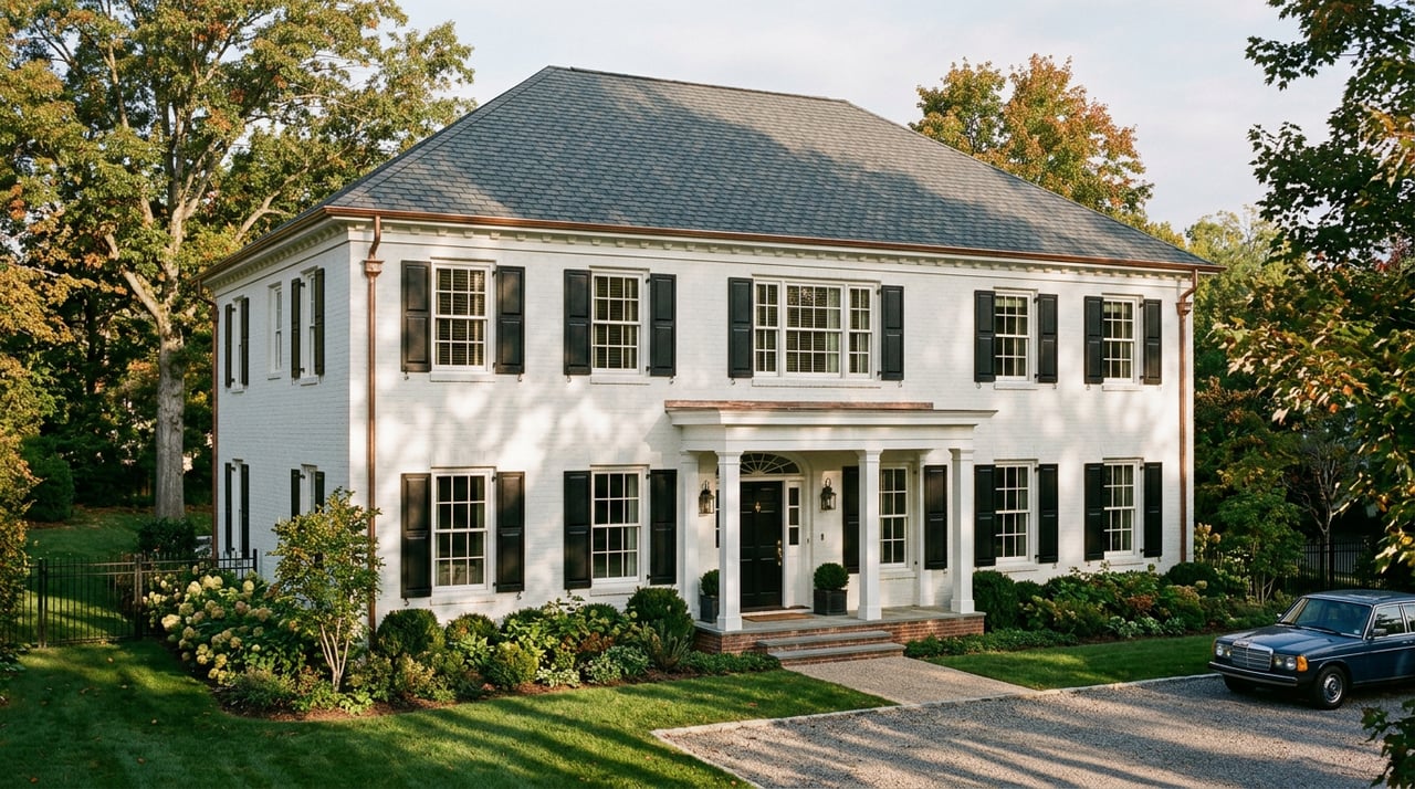 Mature tree with a broad root flare stands before a symmetrical white-brick house with black shutters.