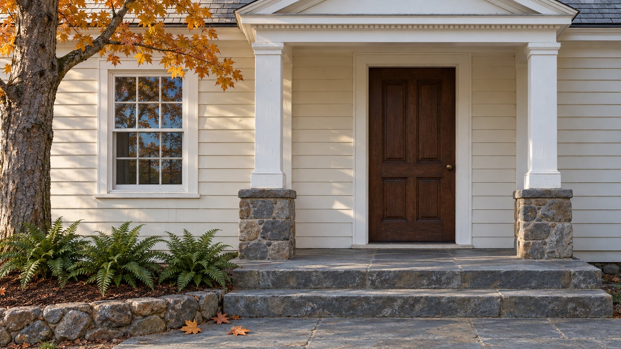 Autumn light crosses a wood entry door, ivory clapboards and worn bluestone steps beside an amber maple and a fieldstone-edged fern bed.