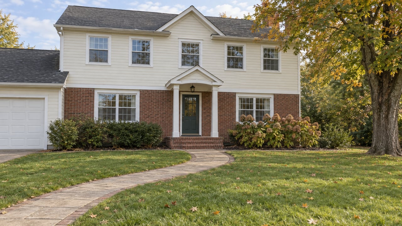 Ivory clapboard and red brick home beyond a deep lawn, with a curved paver walk and a mature maple turning amber.