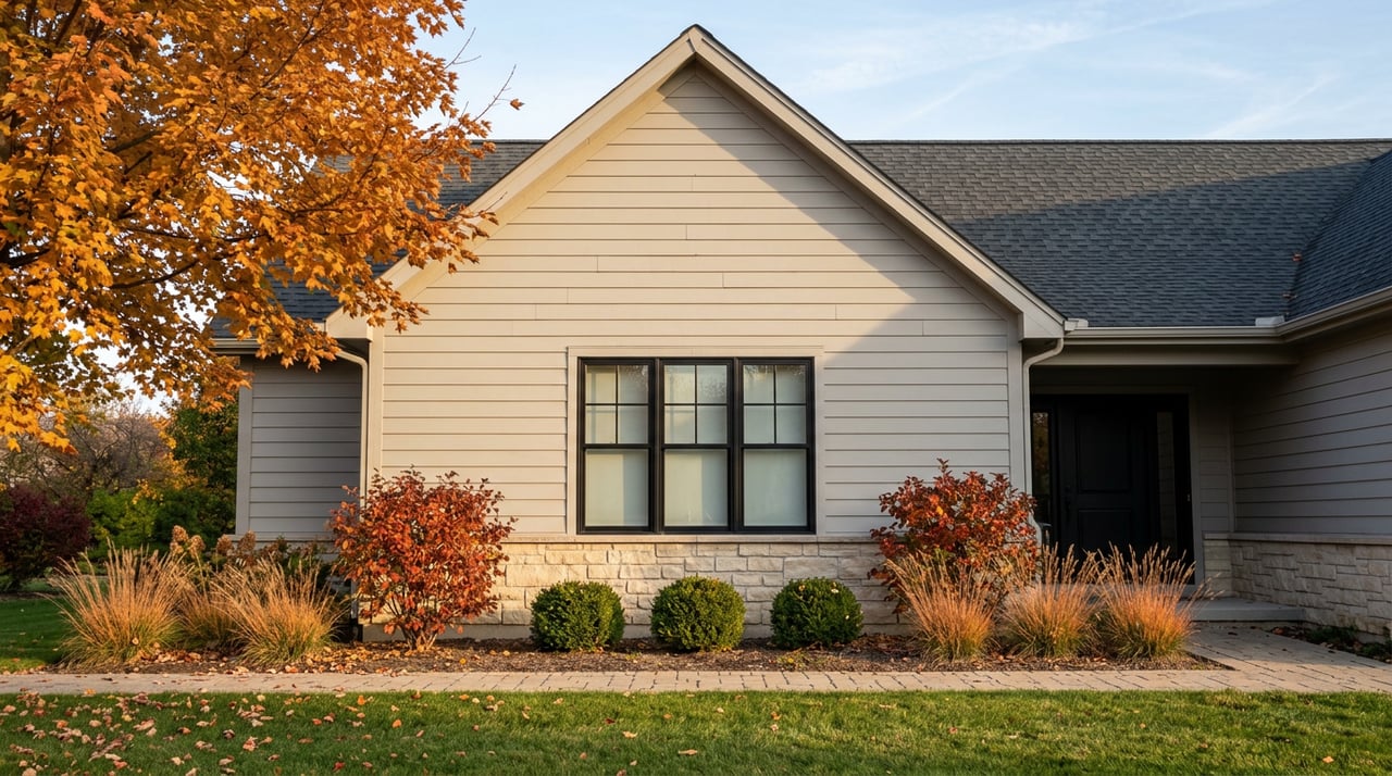 Two-story gray-sided home with a stone base, gable roof, and orange-gold maple canopy above a broad lawn.