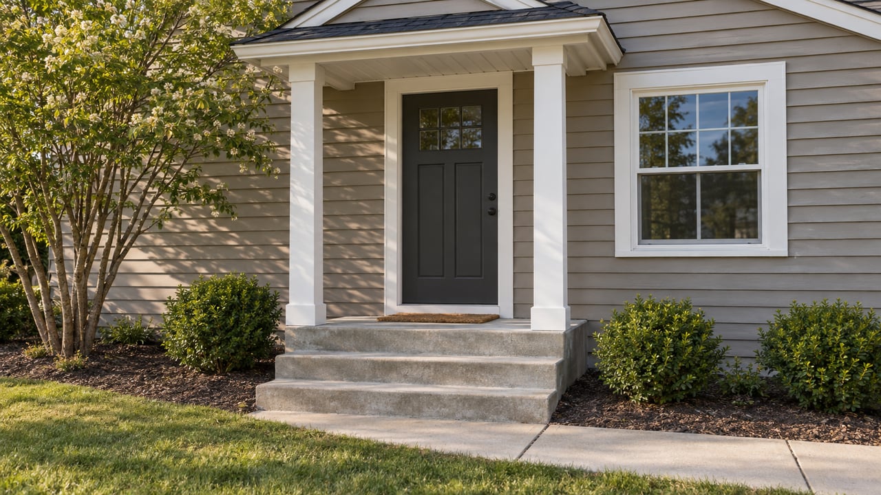 Taupe clapboard house entry with a charcoal door, white posts, concrete steps, and a deep lawn.