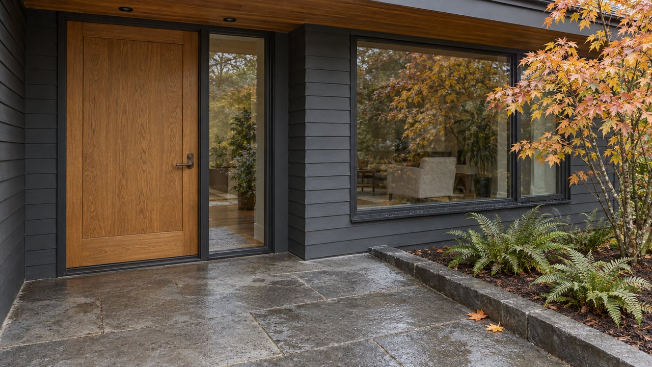 Covered home entry with an oak door, charcoal siding, basalt paving and copper-yellow maple leaves.