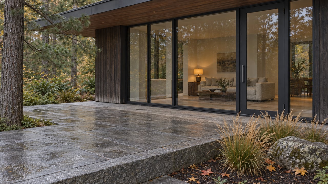 Dark cedar woodland home with sealed floor-to-ceiling glazing, a granite terrace and autumn grasses beside a raised stone edge.