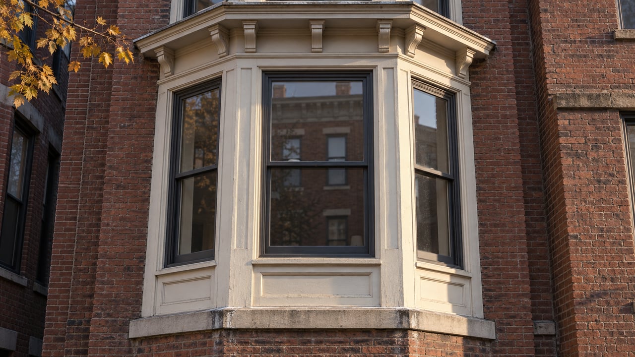 Cream-painted bay windows and a bracketed cornice on a weathered red-brick rowhouse, edged by an autumn elm branch.