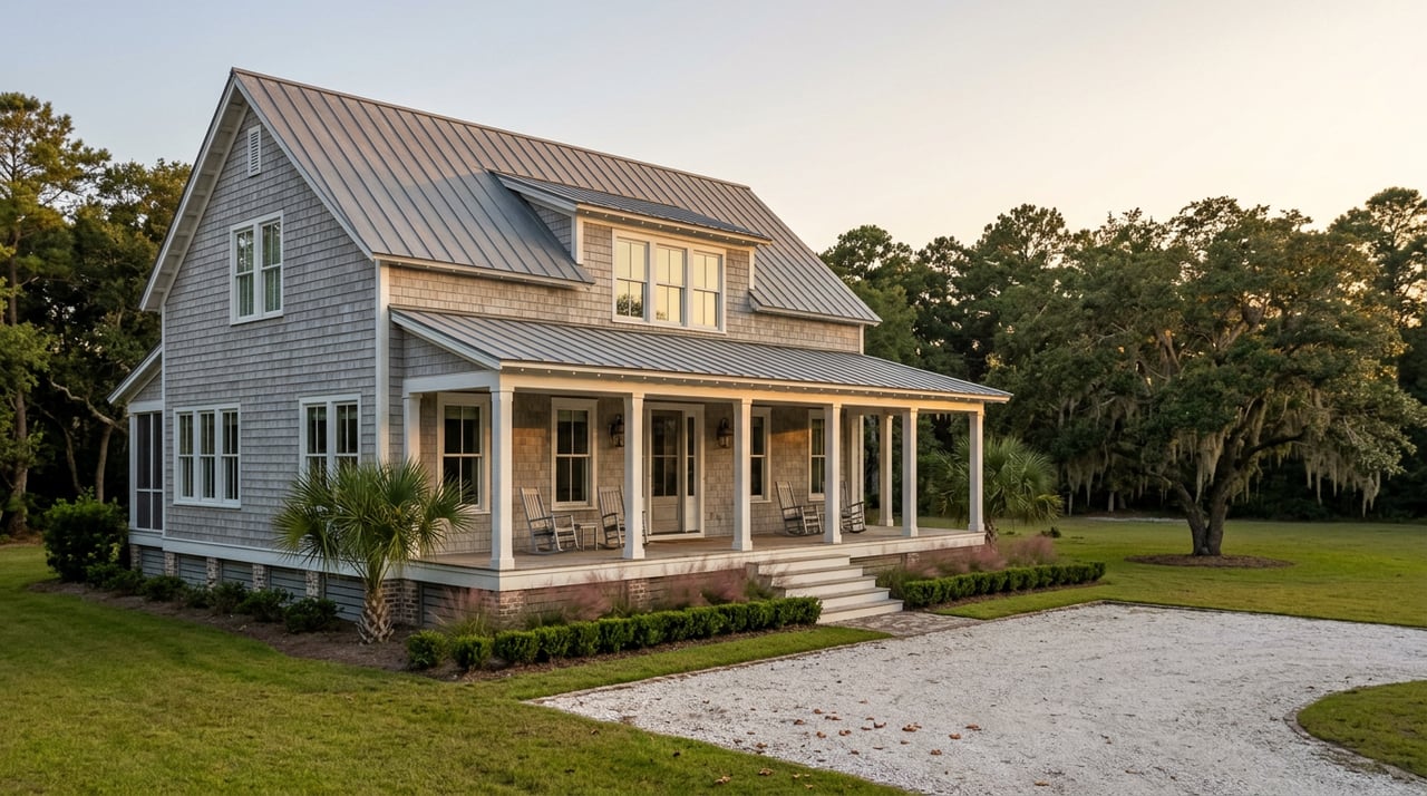 Raised coastal home with a deep porch, cedar shingles, shell driveway, lawn, and sprawling live oak.